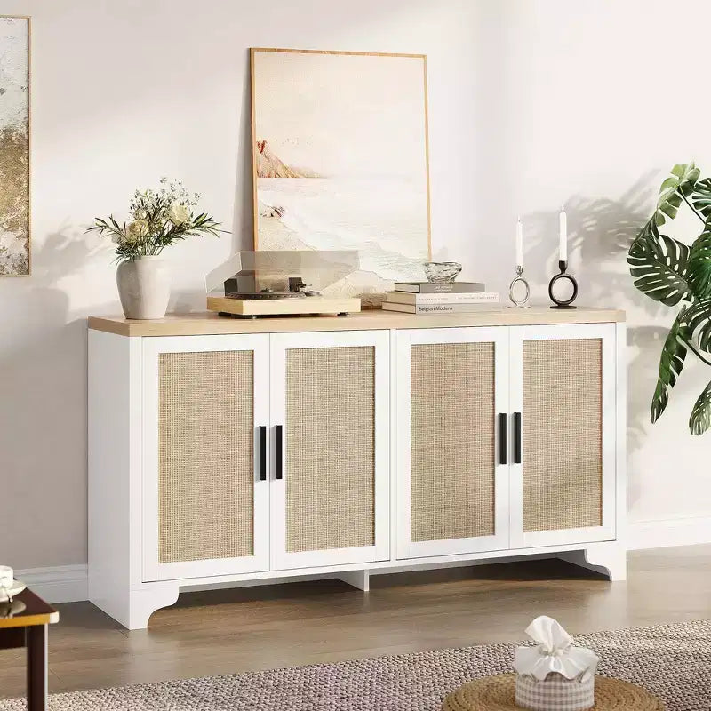 Madia a 4 ante in Rattan con Piedini in Legno, Nera / Rovere Chiaro / Bianca
