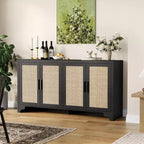 Madia a 4 ante in Rattan con Piedini in Legno, Nera / Rovere Chiaro / Bianca