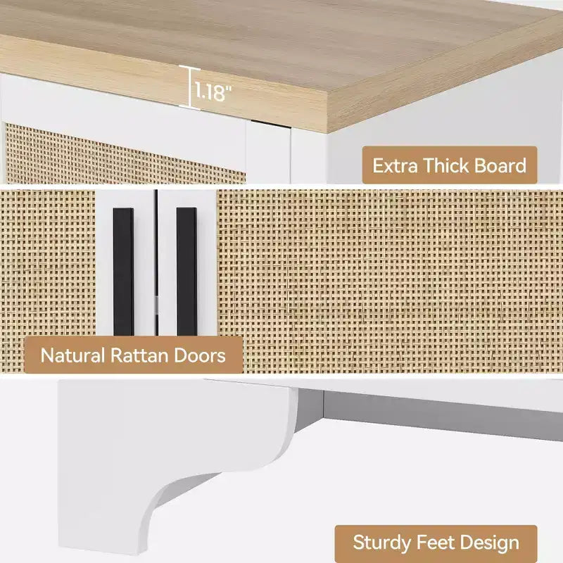 Madia a 4 ante in Rattan con Piedini in Legno, Nera / Rovere Chiaro / Bianca