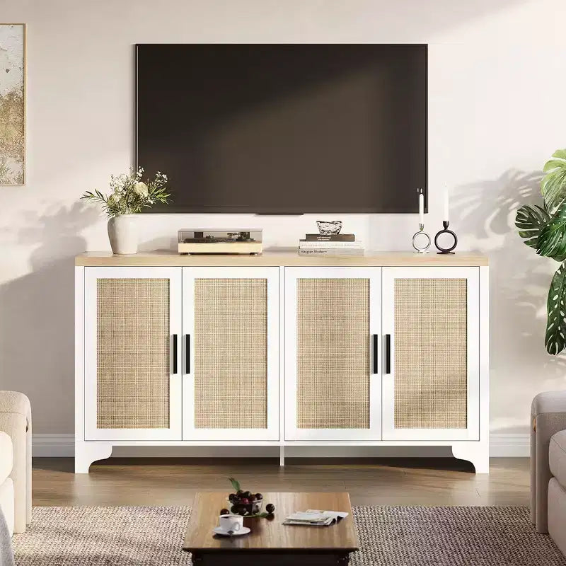 Madia a 4 ante in Rattan con Piedini in Legno, Nera / Rovere Chiaro / Bianca