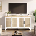 Madia a 4 ante in Rattan con Piedini in Legno, Nera / Rovere Chiaro / Bianca