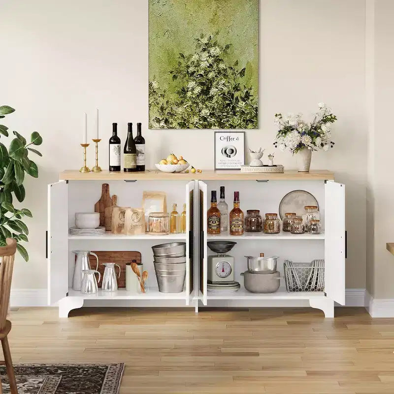 Madia a 4 ante in Rattan con Piedini in Legno, Nera / Rovere Chiaro / Bianca