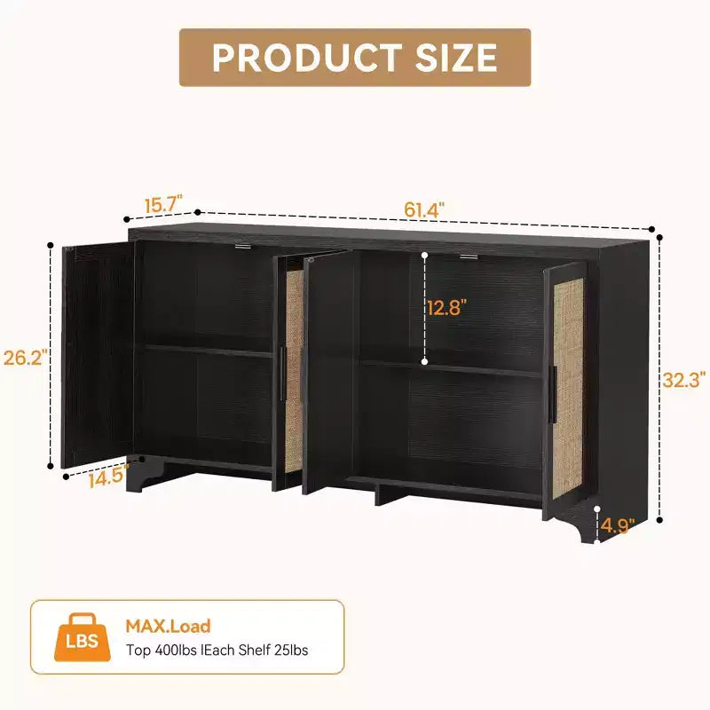Madia a 4 ante in Rattan con Piedini in Legno, Nera / Rovere Chiaro / Bianca