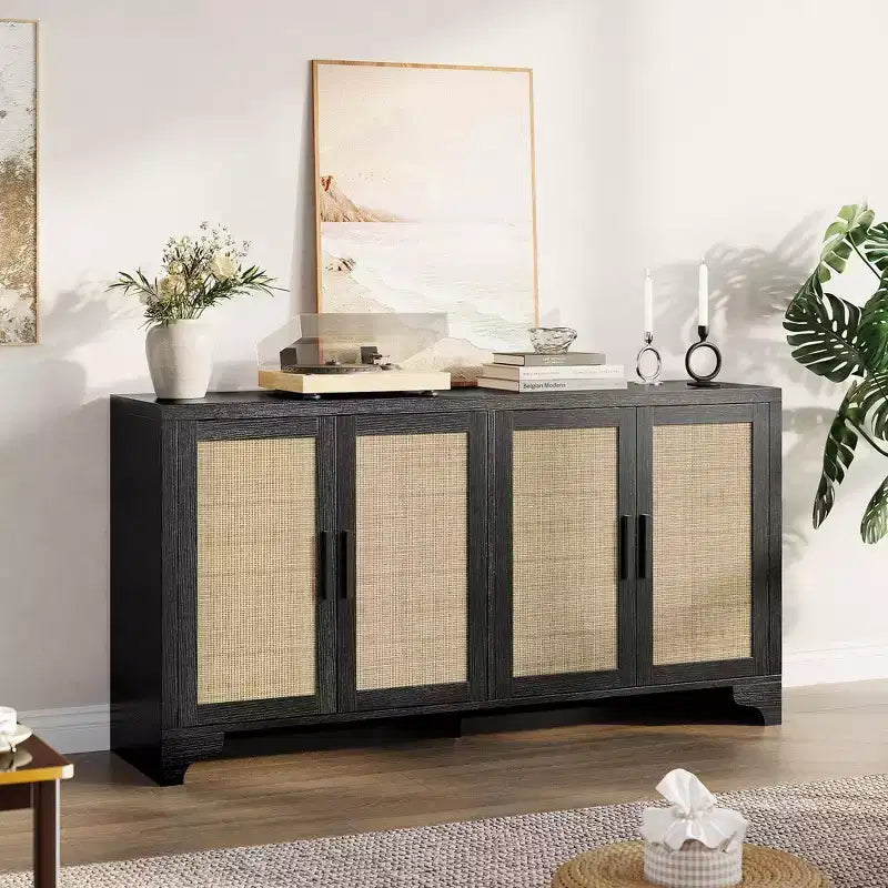 Madia a 4 ante in Rattan con Piedini in Legno, Nera / Rovere Chiaro / Bianca