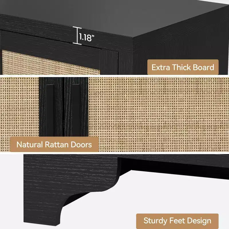 Madia a 4 ante in Rattan con Piedini in Legno, Nera / Rovere Chiaro / Bianca