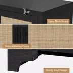 Madia a 4 ante in Rattan con Piedini in Legno, Nera / Rovere Chiaro / Bianca