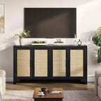 Madia a 4 ante in Rattan con Piedini in Legno, Nera / Rovere Chiaro / Bianca