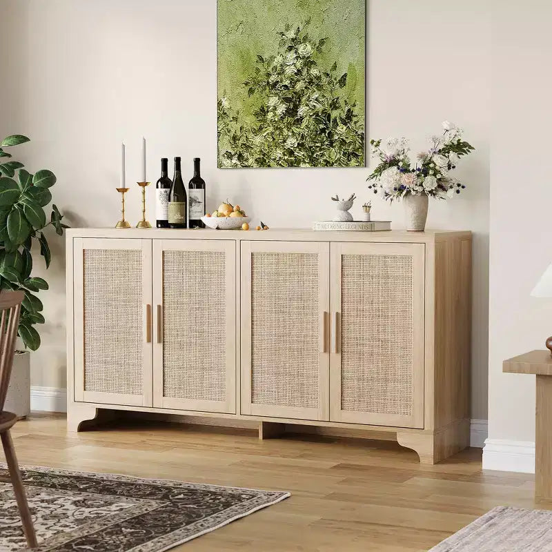 Madia a 4 ante in Rattan con Piedini in Legno, Nera / Rovere Chiaro / Bianca