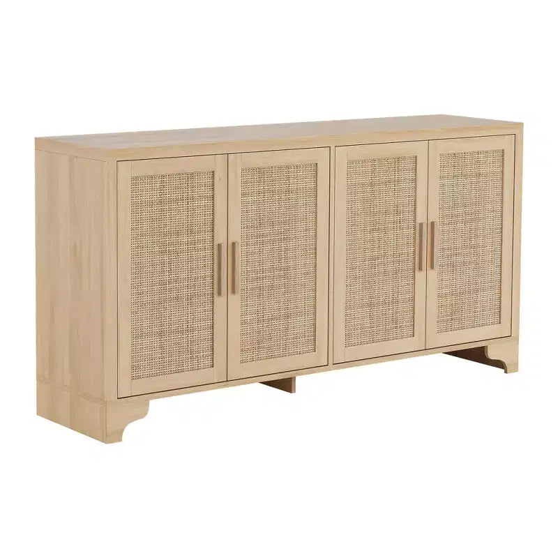 Madia a 4 ante in Rattan con Piedini in Legno, Nera / Rovere Chiaro / Bianca