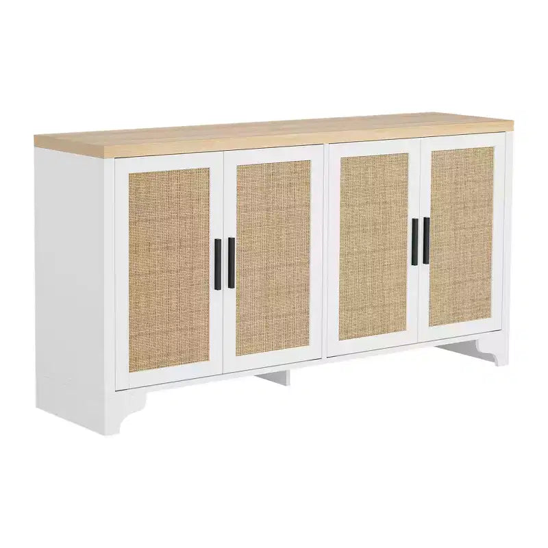 Madia a 4 ante in Rattan con Piedini in Legno, Nera / Rovere Chiaro / Bianca
