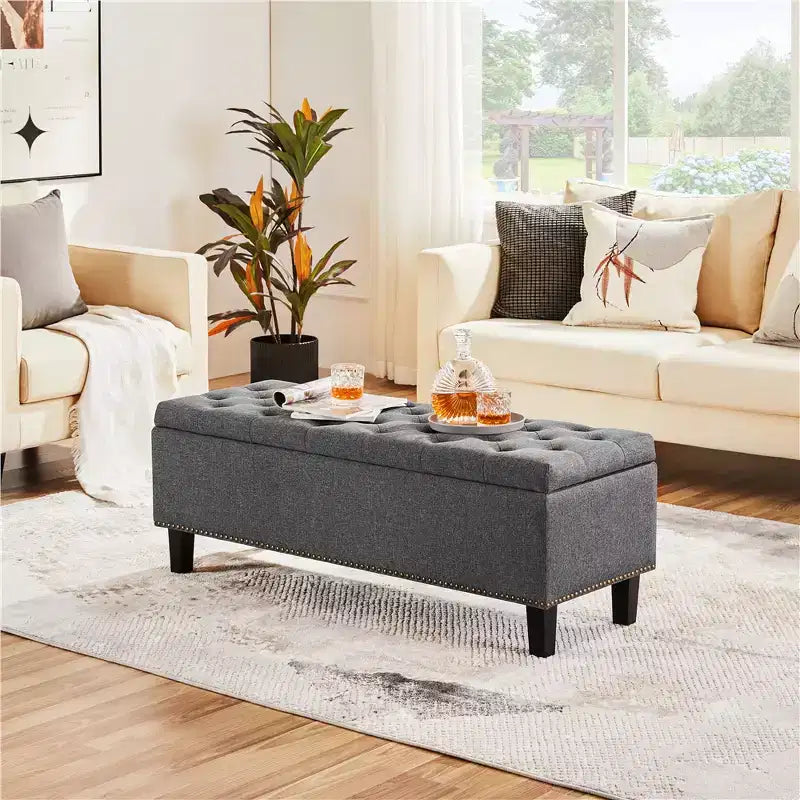 Panca Pouf Contenitore Rettangolare Grigio Scuro, Posto Singolo