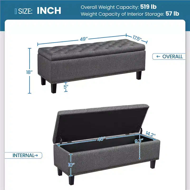 Panca Pouf Contenitore Rettangolare Grigio Scuro, Posto Singolo