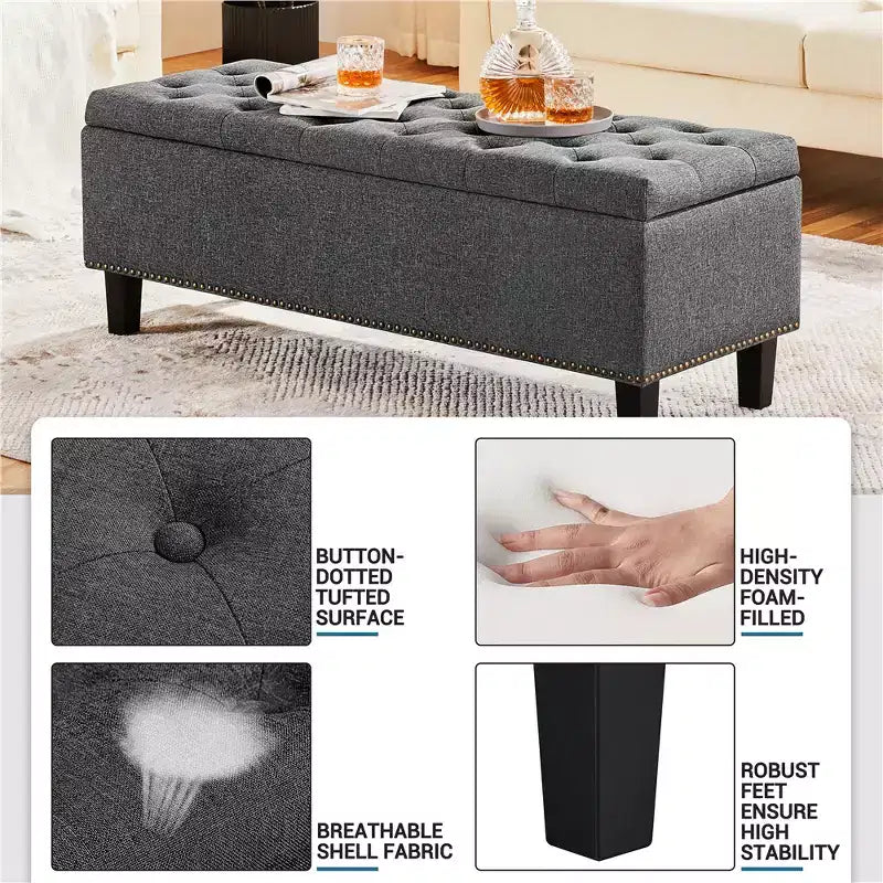 Panca Pouf Contenitore Rettangolare Grigio Scuro, Posto Singolo