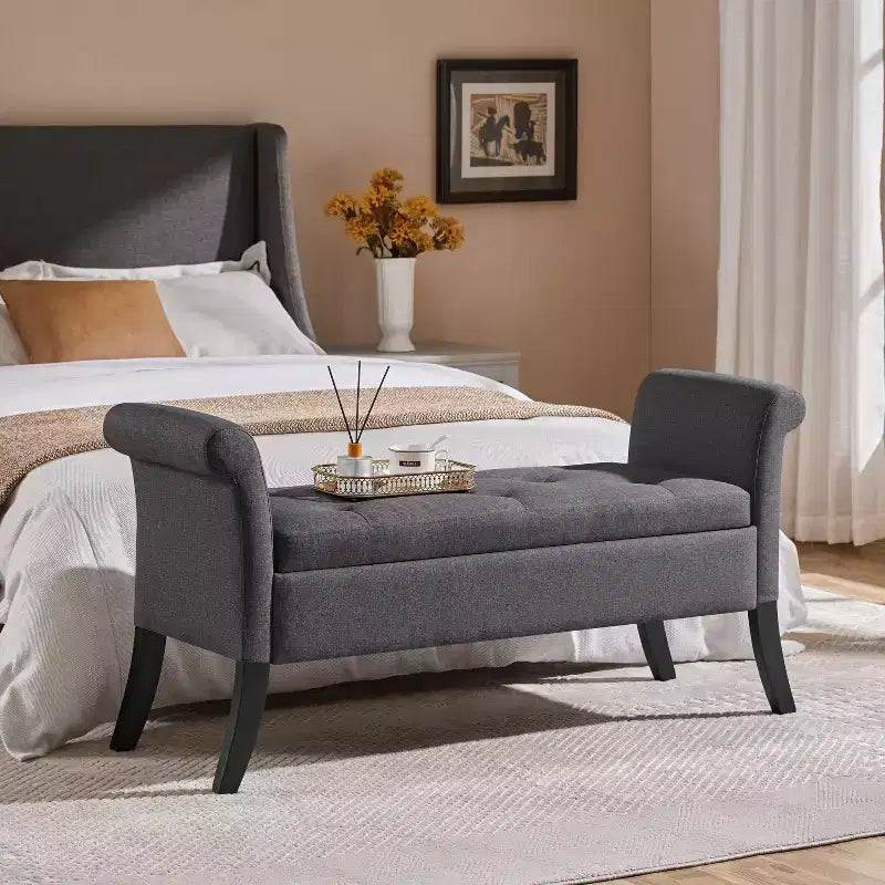 Panca contenitore Tufted a 2 posti in tessuto nero / grigio scuro / grigio chiaro con braccioli arrotolati