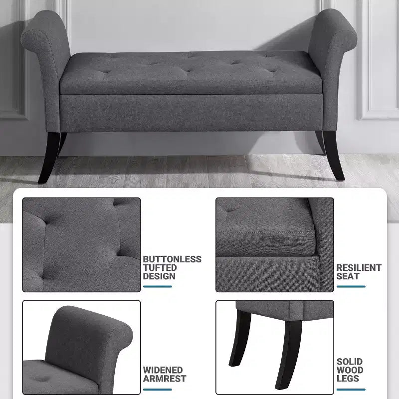 Panca contenitore Tufted a 2 posti in tessuto nero / grigio scuro / grigio chiaro con braccioli arrotolati