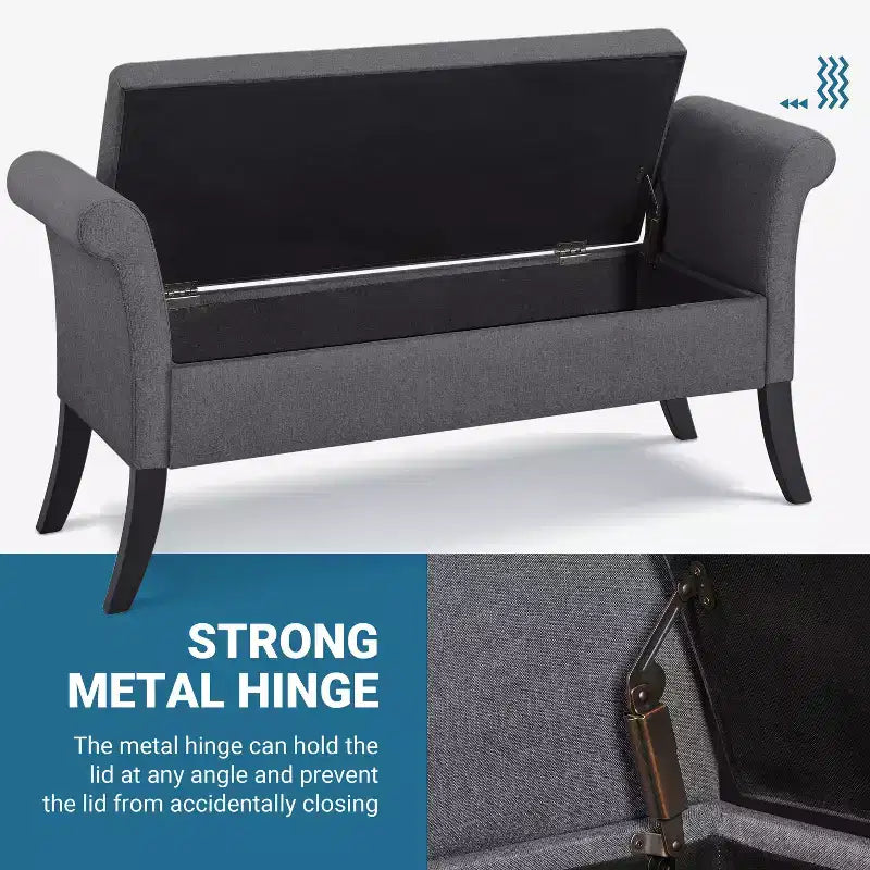 Panca contenitore Tufted a 2 posti in tessuto nero / grigio scuro / grigio chiaro con braccioli arrotolati