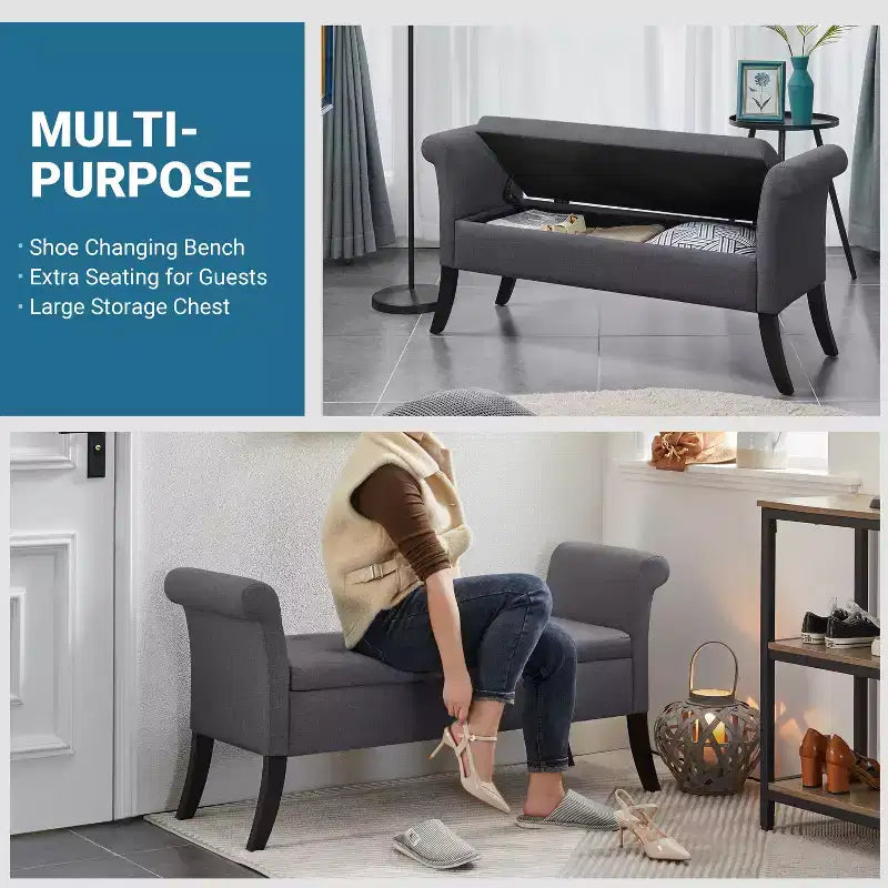 Panca contenitore Tufted a 2 posti in tessuto nero / grigio scuro / grigio chiaro con braccioli arrotolati