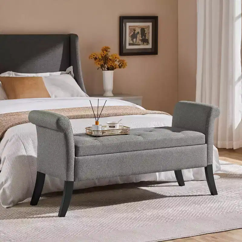 Panca contenitore Tufted a 2 posti in tessuto nero / grigio scuro / grigio chiaro con braccioli arrotolati