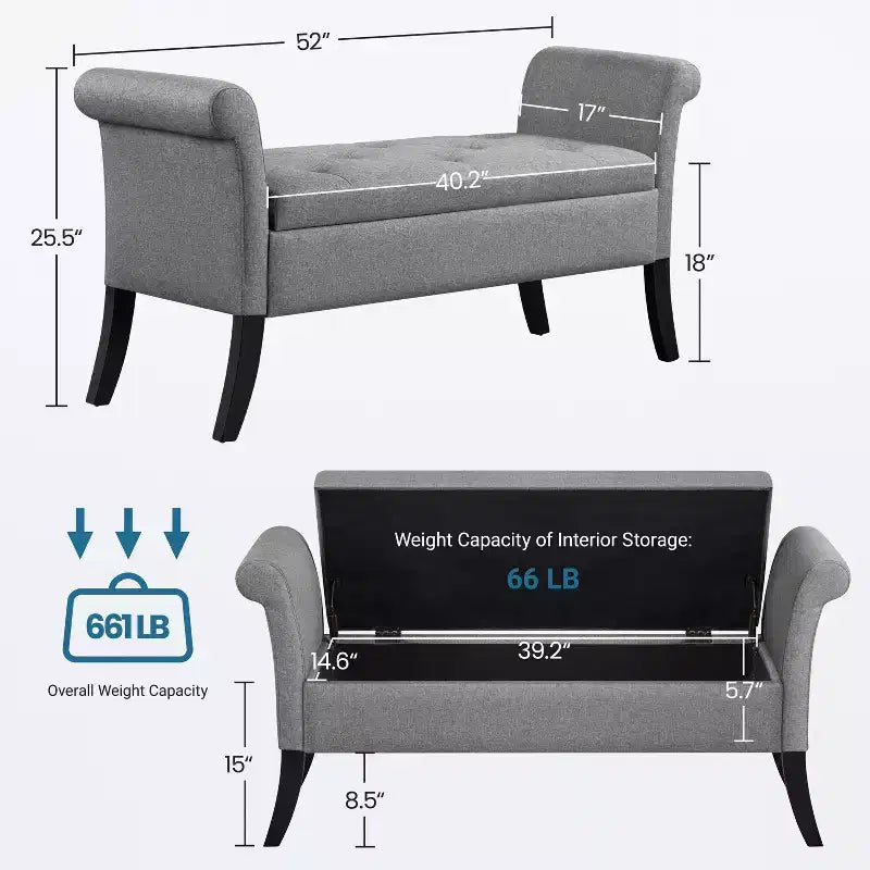 Panca contenitore Tufted a 2 posti in tessuto nero / grigio scuro / grigio chiaro con braccioli arrotolati
