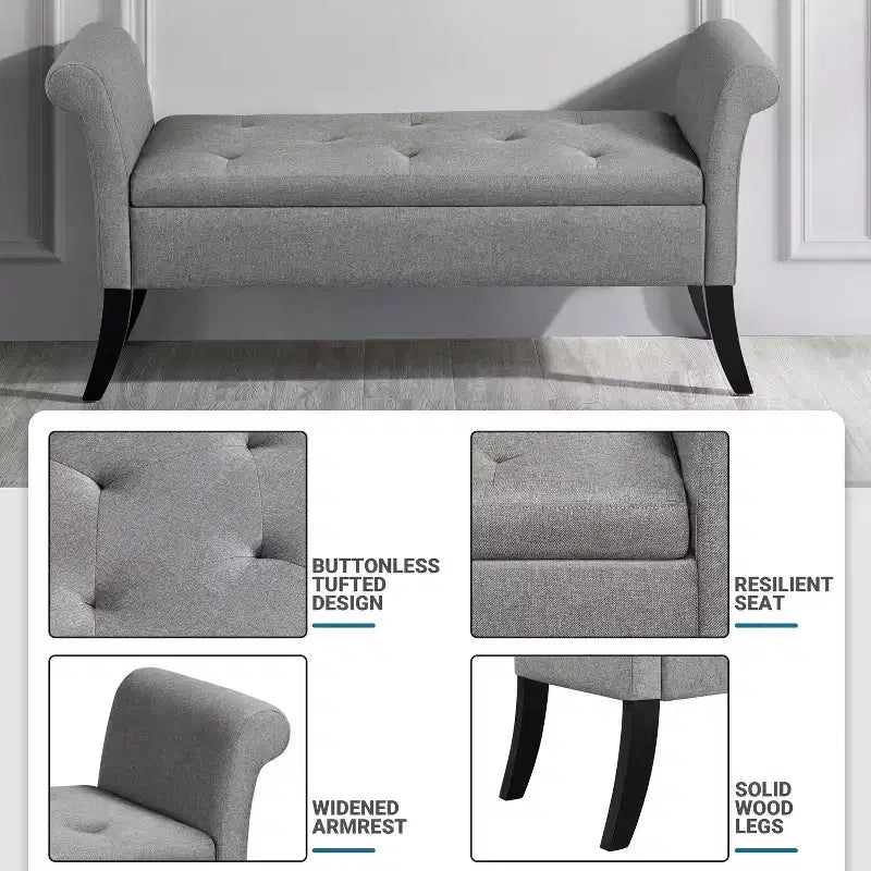 Panca contenitore Tufted a 2 posti in tessuto nero / grigio scuro / grigio chiaro con braccioli arrotolati