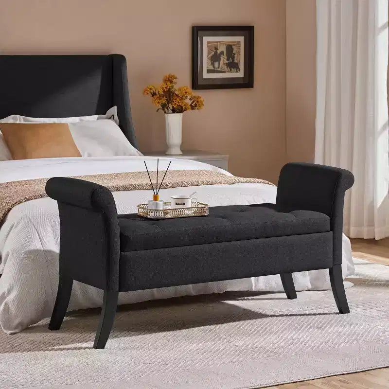 Panca contenitore Tufted a 2 posti in tessuto nero / grigio scuro / grigio chiaro con braccioli arrotolati