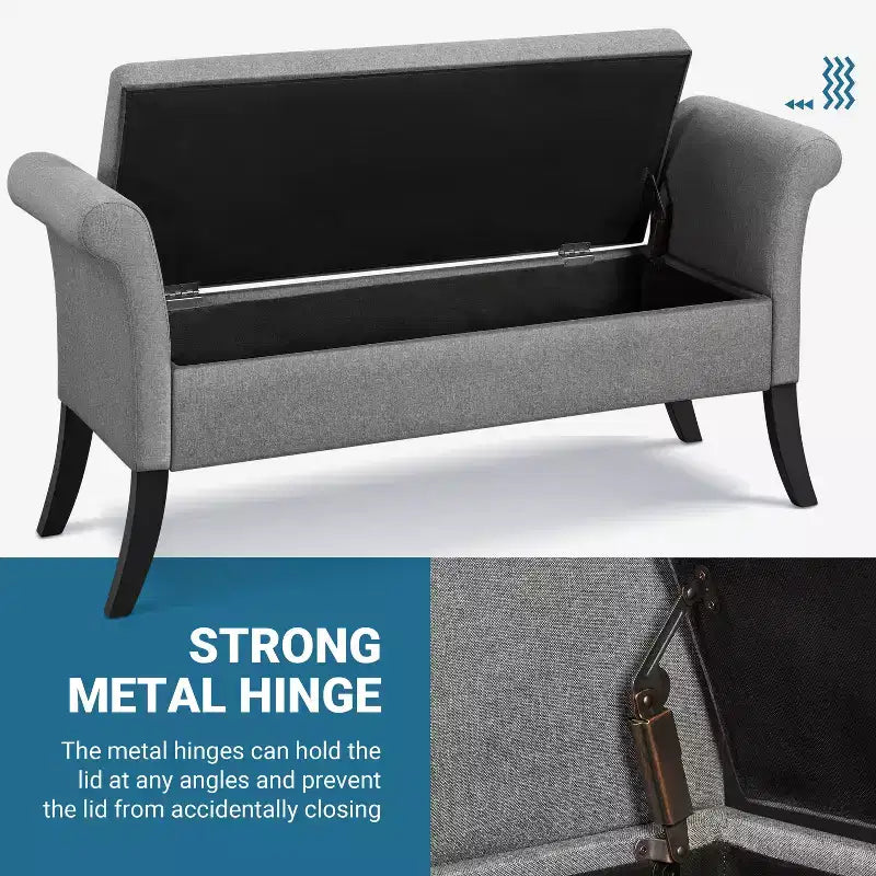 Panca contenitore Tufted a 2 posti in tessuto nero / grigio scuro / grigio chiaro con braccioli arrotolati