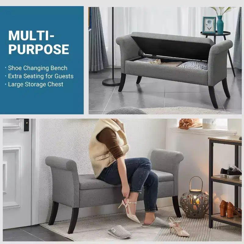 Panca contenitore Tufted a 2 posti in tessuto nero / grigio scuro / grigio chiaro con braccioli arrotolati