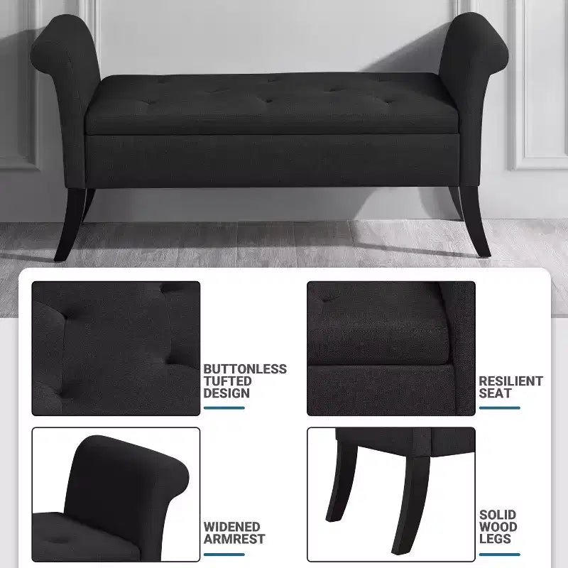 Panca contenitore Tufted a 2 posti in tessuto nero / grigio scuro / grigio chiaro con braccioli arrotolati