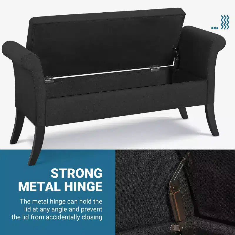 Panca contenitore Tufted a 2 posti in tessuto nero / grigio scuro / grigio chiaro con braccioli arrotolati